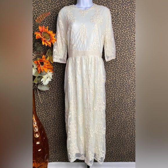 🦋B2G1🦋Vintage Style Antique Ivory Embroidered Lace Modest Midi Dress NWOT - Picture 6 of 14